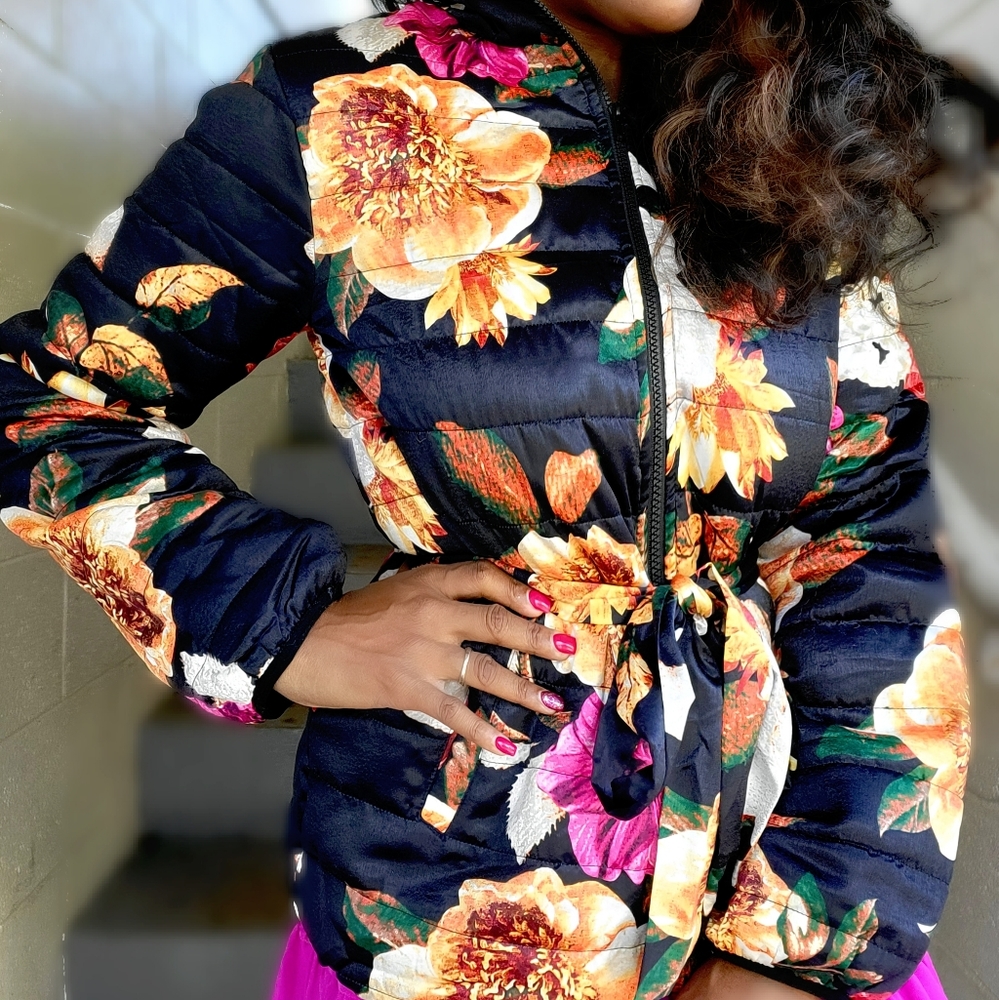 Floral Zip Front Puffer Jacket